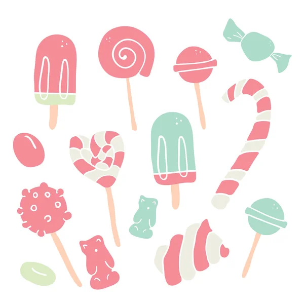 Set de bonbons dessinés à la main, beignet, sucette, bonbons — Image vectorielle