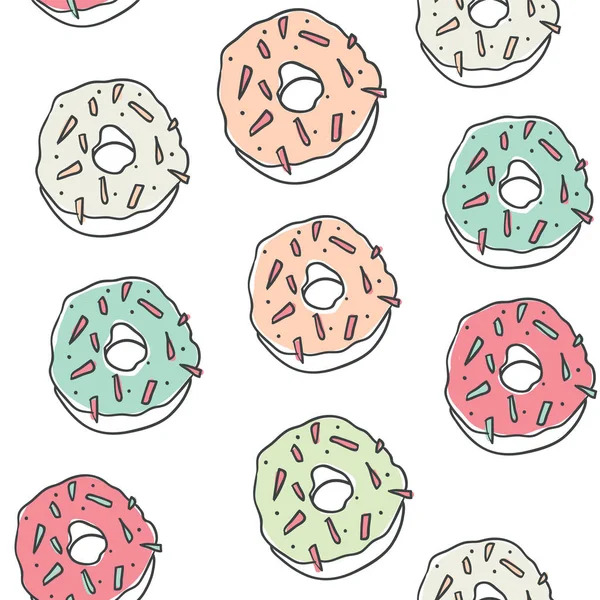 Doux dessin animé beignets colorés motif sans couture — Image vectorielle
