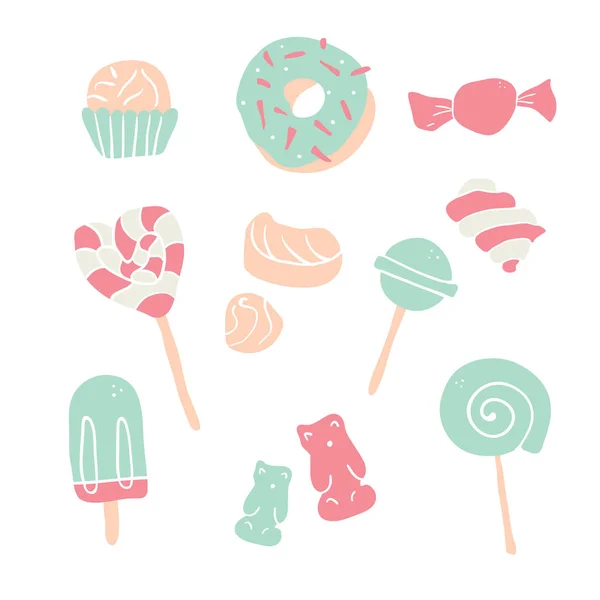 Set de bonbons dessinés à la main, beignet, sucette, bonbons — Image vectorielle
