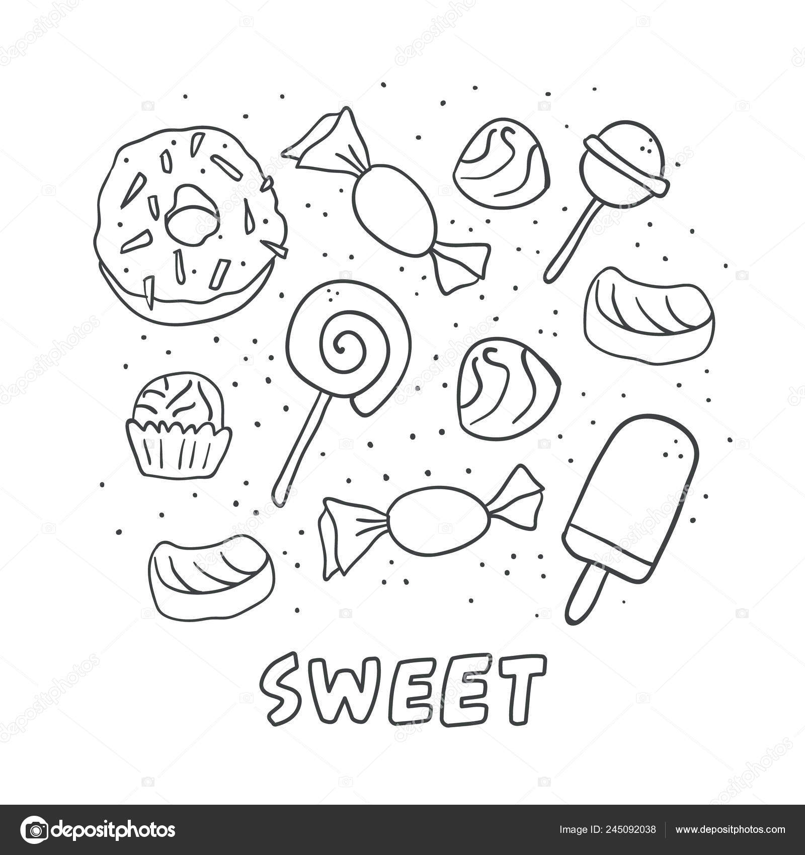 Outline Of A Gummy Bear Set Hand Drawn Outline Candies Donut Lollipop Candy Gummy Bears Stock Vector C Tvovchek 245092038