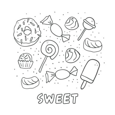 Ayarla elle çizilmiş anahat şekerler, çörek, lolipop, şeker, şeker, lokum, tatlılar. İllüstrasyon, üzerinde beyaz izole doodle. Mükemmel bir kitap çocuklar çizimler - vektör boyama