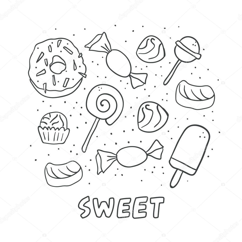 Set hand drawn outline candies, donut, lollipop, candy, gummy bears, marshmallows, desserts. Illustration, doodle isolated on white. Perfect for coloring book children drawings - Vector