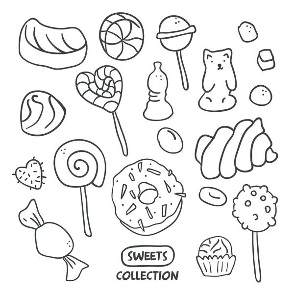 Set de bonbons dessinés à la main, beignet, sucette, bonbons — Image vectorielle