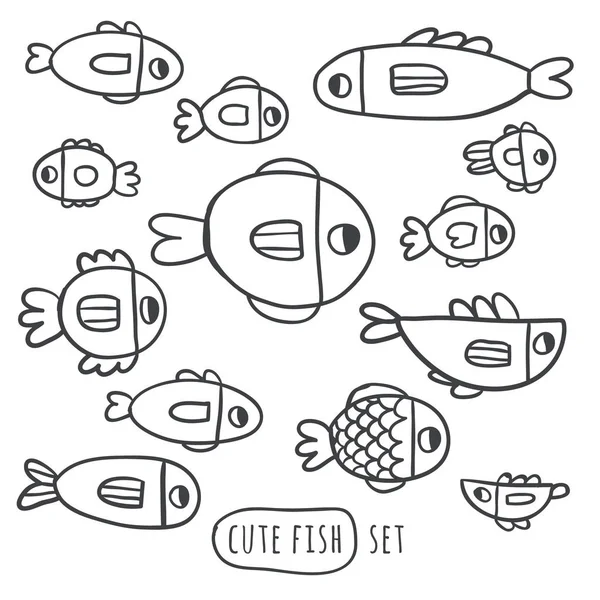 かわいい手描きの魚セットに分離ホワイト — ストックベクタ