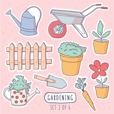 Şirin handdrawn doodle stil Bahçe çıkartmaları kümesi