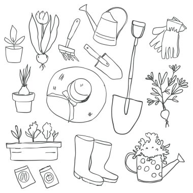 Şirin handdrawn doodle stil Bahçe çıkartmaları kümesi