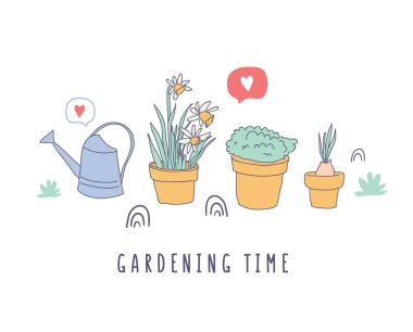 Bahçe zaman, mutlu zaman saksı ile yazı