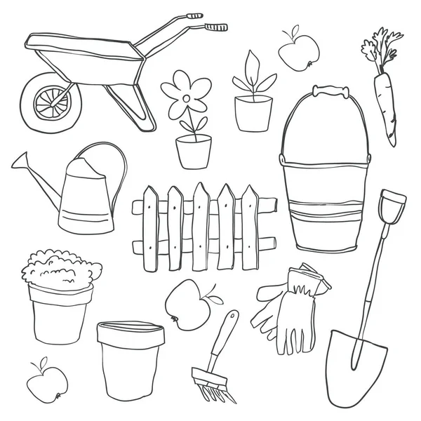 Ilustração vetorial de elementos de jardinagem esboço — Vetor de Stock