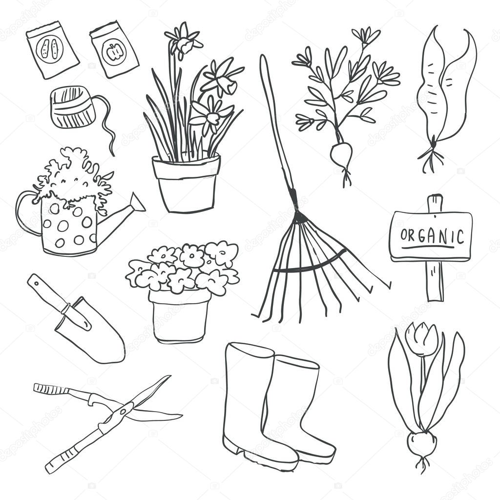 Vector illustration of gardening elements outline