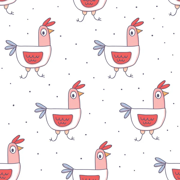 Cute cartoon rooster seamless pattern doodle style — Stock Vector