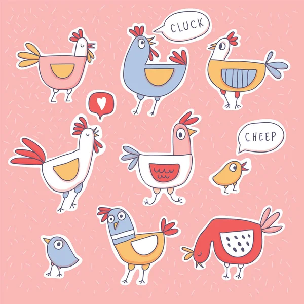 Lindo gallo de dibujos animados, pollo, garabato de la familia de las gallinas — Archivo Imágenes Vectoriales