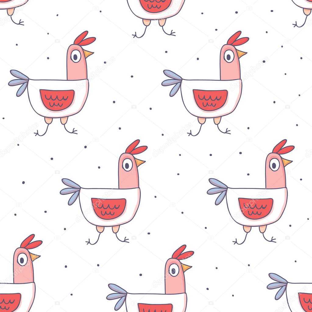Cute cartoon rooster seamless pattern doodle style