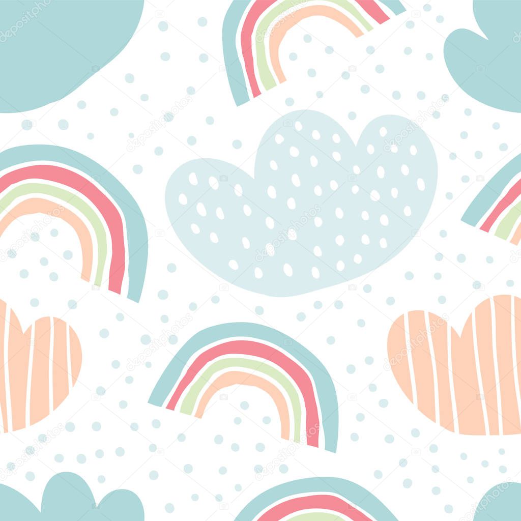 Childish seamless pattern rainbows, drops, clouds