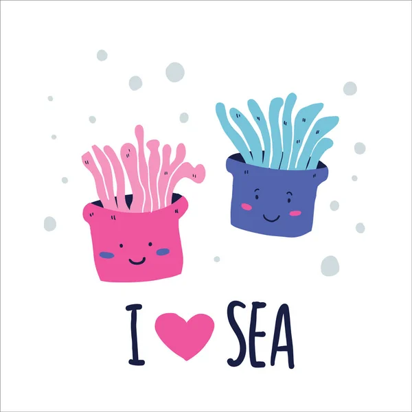 Bonito doodle criaturas do mar Eu amo letras do mar —  Vetores de Stock