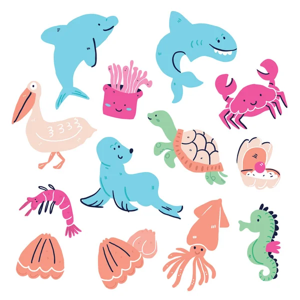 Cute set tangan ditarik hewan laut terisolasi - Stok Vektor