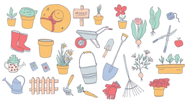 Ilustración dibujada a mano de elementos de jardinería — Vector de stock