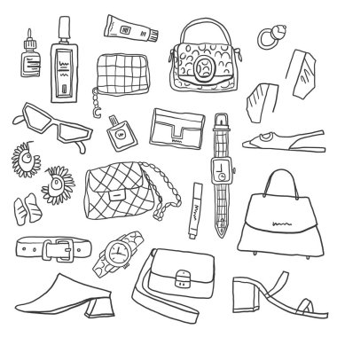 Anahat el çizilmiş kadın öğeleri ve aksesuarları