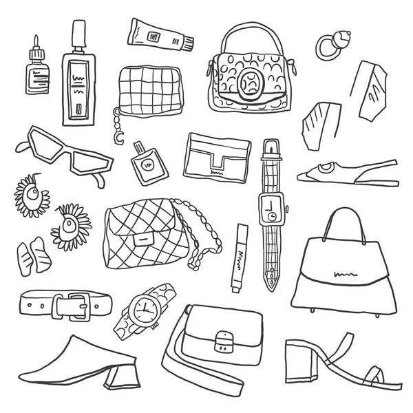 Outline disegnato a mano donna oggetti e accessori — Vettoriale Stock