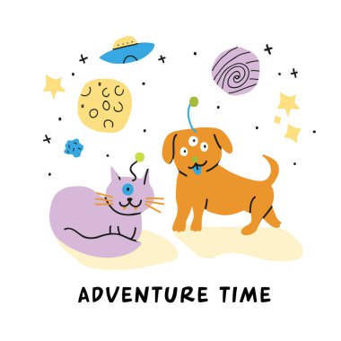 Gezegenler, yıldızlar, asteroitler ufo ile yabancı kedi köpek