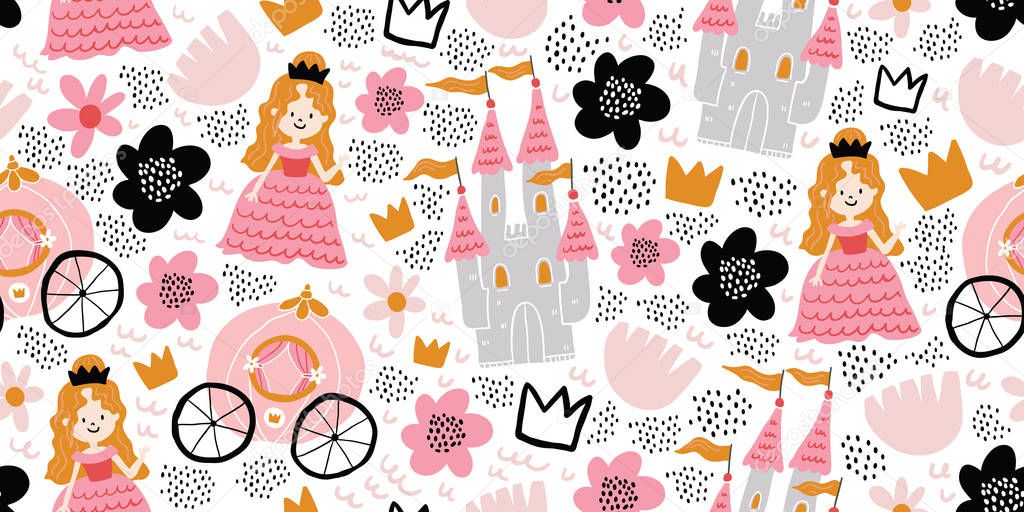 Childish seamless pattern with princess, castle