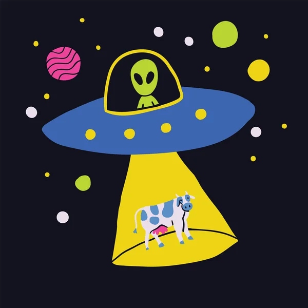 Ufo uzay gemisi ile el çizilmiş doodle çizgi roman afişi — Stok Vektör
