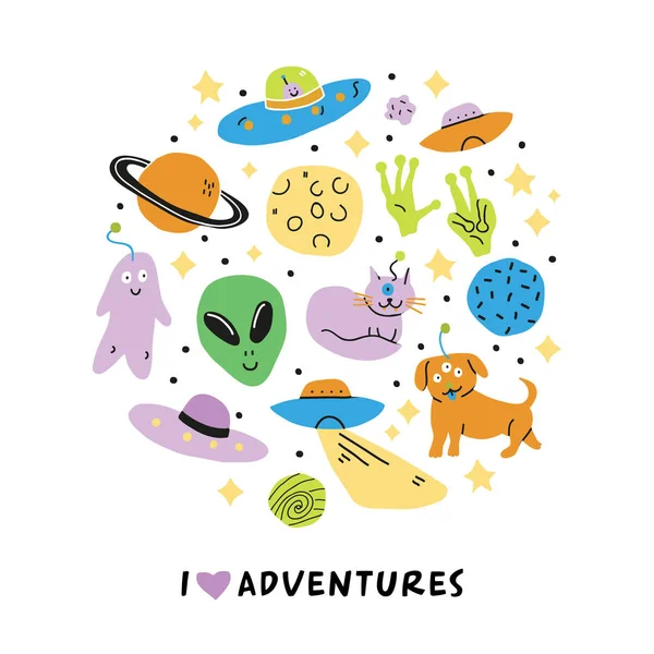 Set op een ruimte thema met doodle Aliens monsters — Stockvector