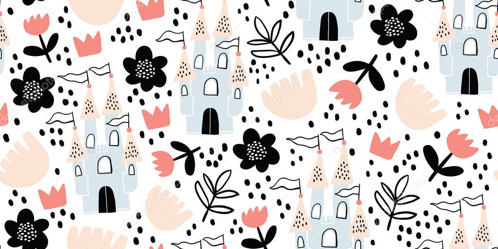 Childish seamless pattern with castle, flowers
