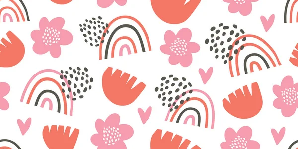 Seamless pattern with rainbows, hearts, flowers — Stockvector