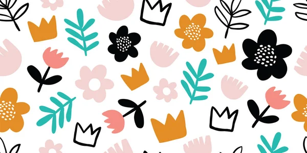 Seamless pattern with decorative flowers, crowns