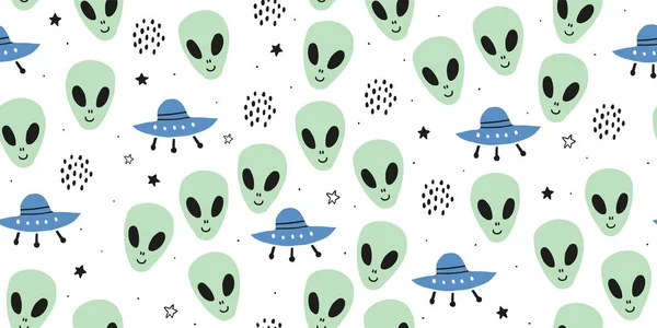 Childish seamless pattern with aliens, ufo, cosmos — Stockvector
