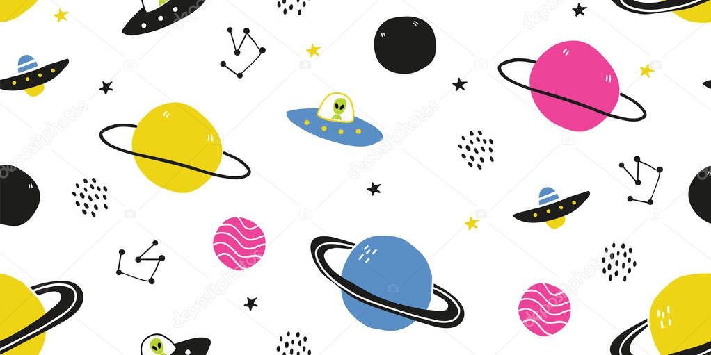 Childish seamless pattern - hand drawn cosmos ufo