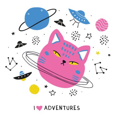 Doodle uzaylı astro kedi ile bir uzay teması ayarlayın