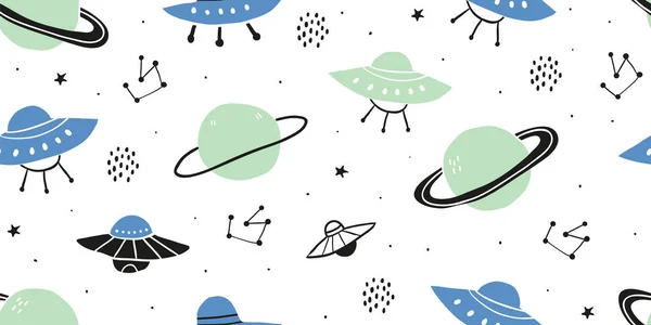 Kindisches nahtloses Muster - handgezeichneter Kosmos-Ufo — Stockvektor