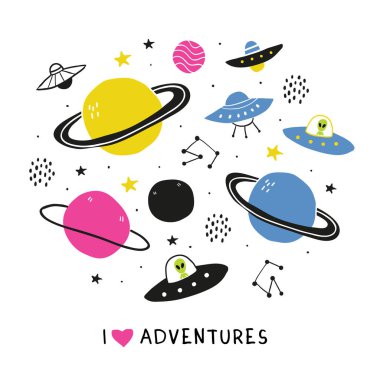 Doodle yabancı ufo gezegenleri ile bir uzay teması ayarlayın
