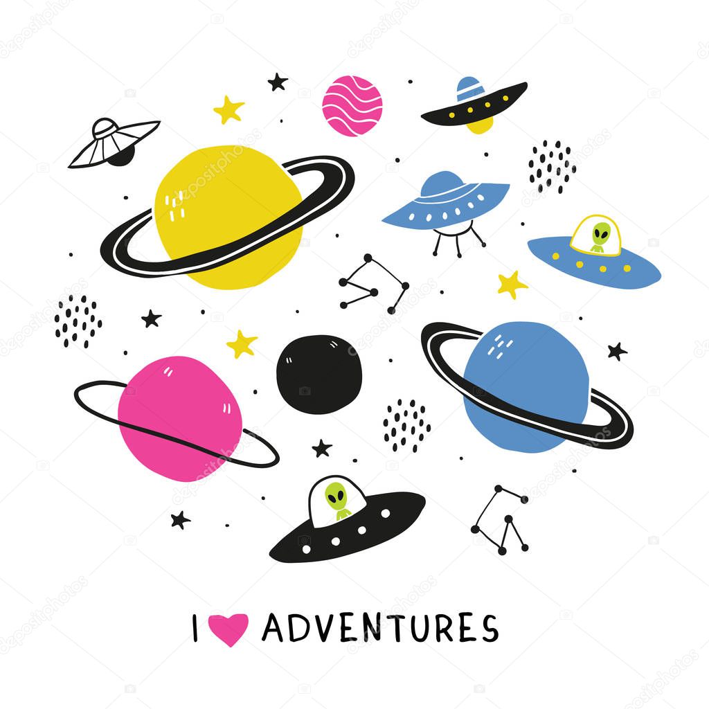 Set on a space theme with doodle alien ufo planets