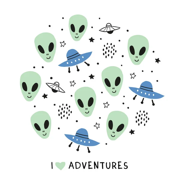 Cirkel ruimte thema met doodle Alien UFO planeten — Stockvector