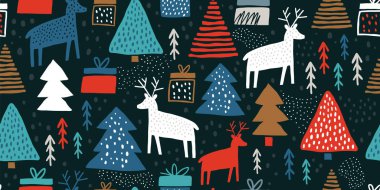 Geyikler ve çam ile çocuksu dikişsiz desen