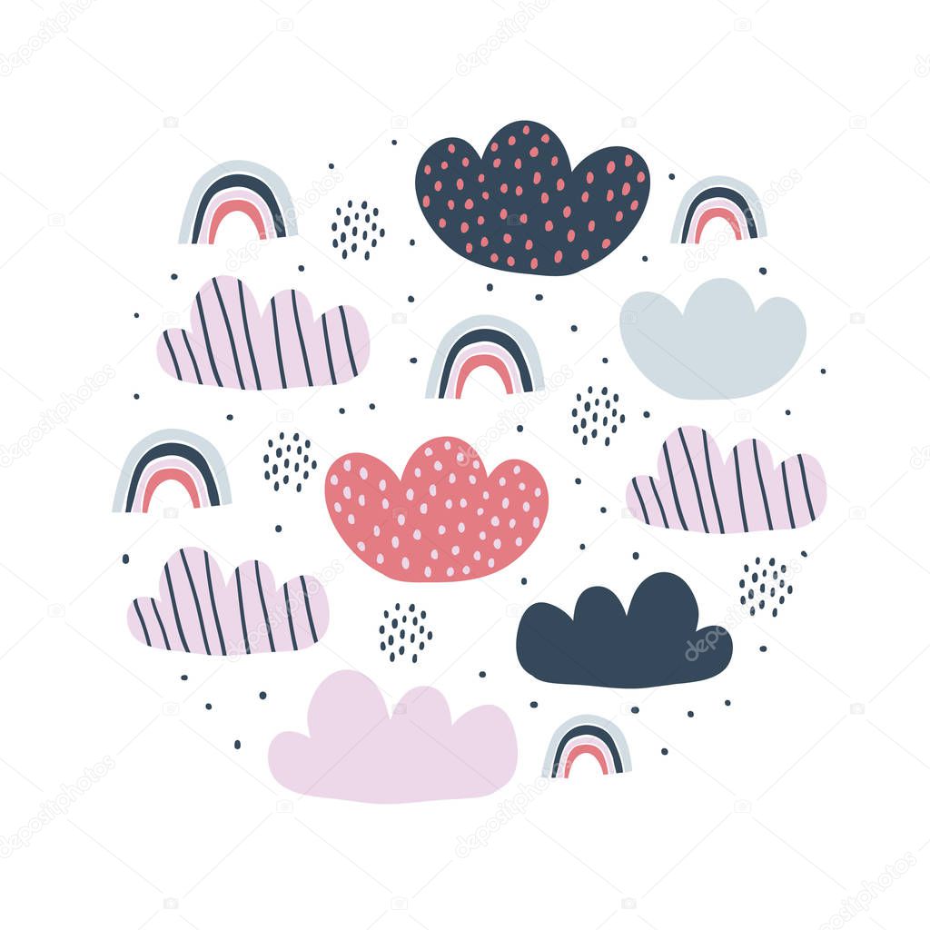 Kids circle illustration with clouds rainbow