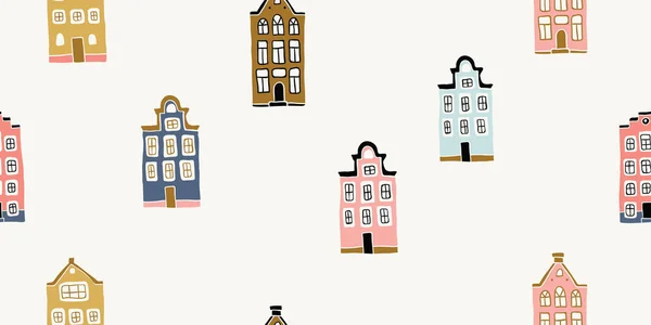 Płynny wzór, ręcznie rysowane skandynawskie domy — Wektor stockowy