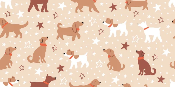 Vector naadloos patroon met schattige honden, sterren roze — Stockvector