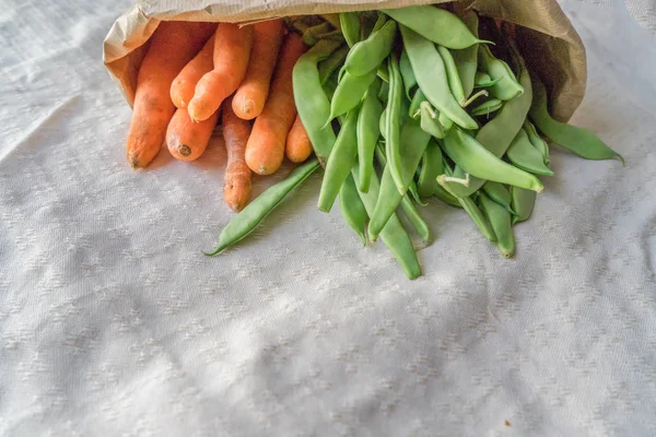 Bag Full Beans Carrots Ecologic Orchard Ecologic Bag Plastic Bag — Stock Photo, Image