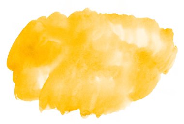 Beyaz arka plan üzerine soyut sarı suluboya. Kağıt üzerinde sıçramasına renk. Elle çizilmiş şablon tasarımı ve metin için.