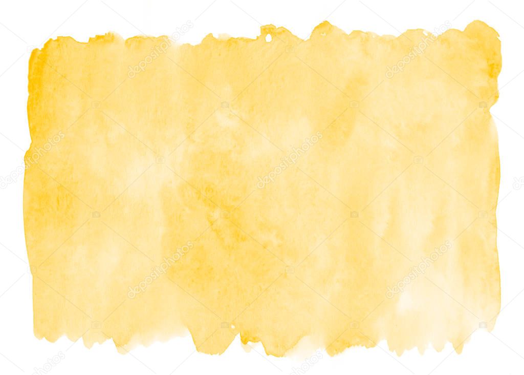 Yellow hand made brushstroke watercolor stain, isolated on white background, abstract element for trendy design