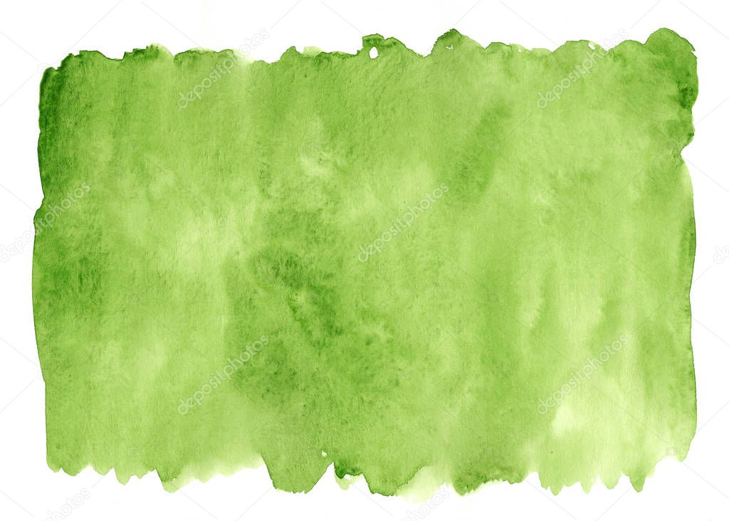 Green hand made brushstroke watercolor stain, isolated on white background, abstract element for trendy design