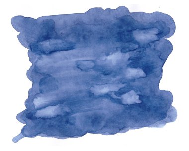 Mavi arka plan. Suluboya sıçrama elle boyanmış. Beyaz arka plan ve leke. Metni için bir yer. Parlak dinamik sıçrama tasarımcıları için.