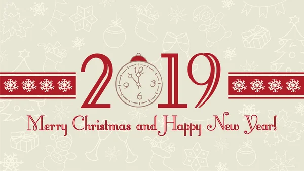 2019 Happy New Year and Merry Christmas background, web banner, text label with snowflakes. Winter theme doodles raster illustration.Greeting card template, flat pastel design.
