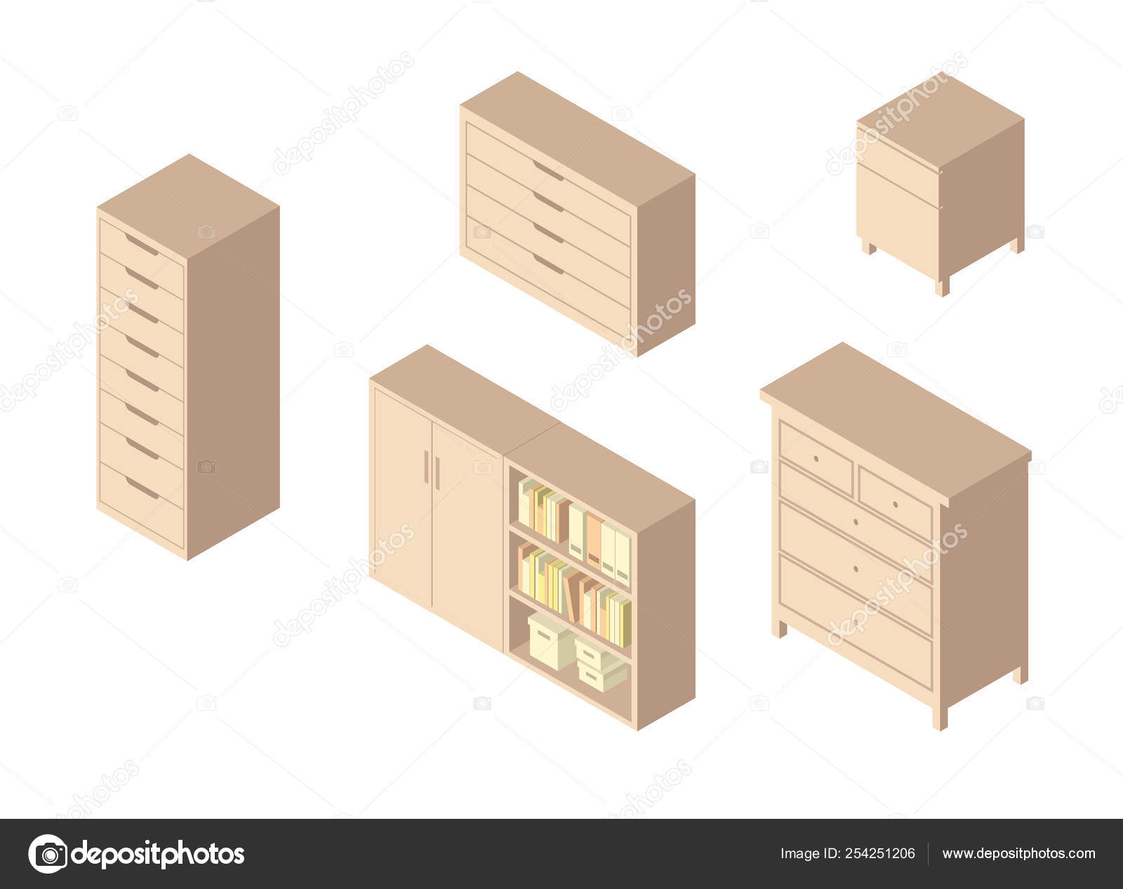 Set Of Furniture Cabinets And Cupboard Isometric Drawing Vector