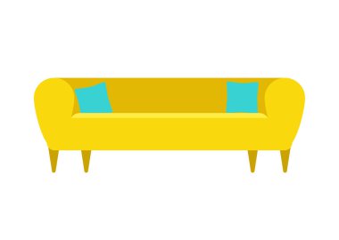 Beyaz arka planda ev ve ofis için sarı, yumuşak bir kanepe. Vektör kanepe. Kanepe düz resimleme
