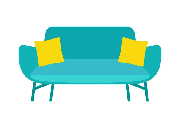 白い背景に自宅やオフィスのための青柔らかいスタイリッシュなソファ。ベクトルソファソファフラットイラスト — ストックベクタ