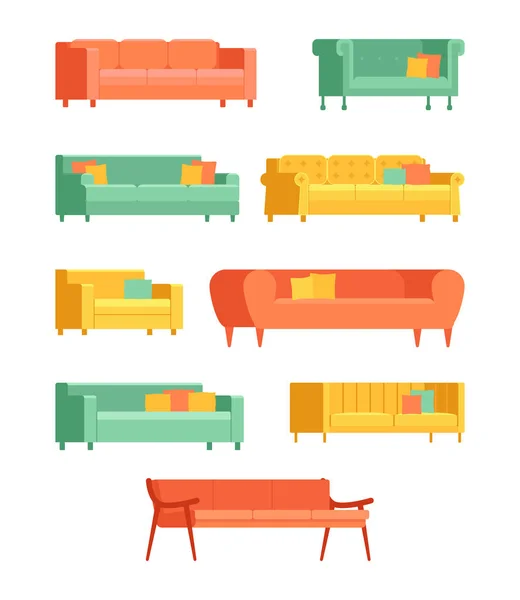 Gelbes Sofa für zu Hause und im Büro auf weißem Hintergrund. Vektorcouch. Sofa flach Illustration — Stockvektor